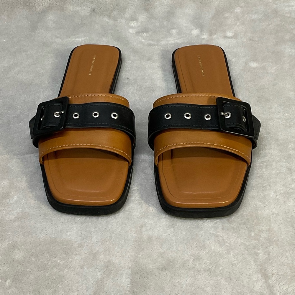 Anthropologie Leather Buckle Slip-On Slide Sandals Womens 9 / 39 Black Brown - Picture 2 of 7